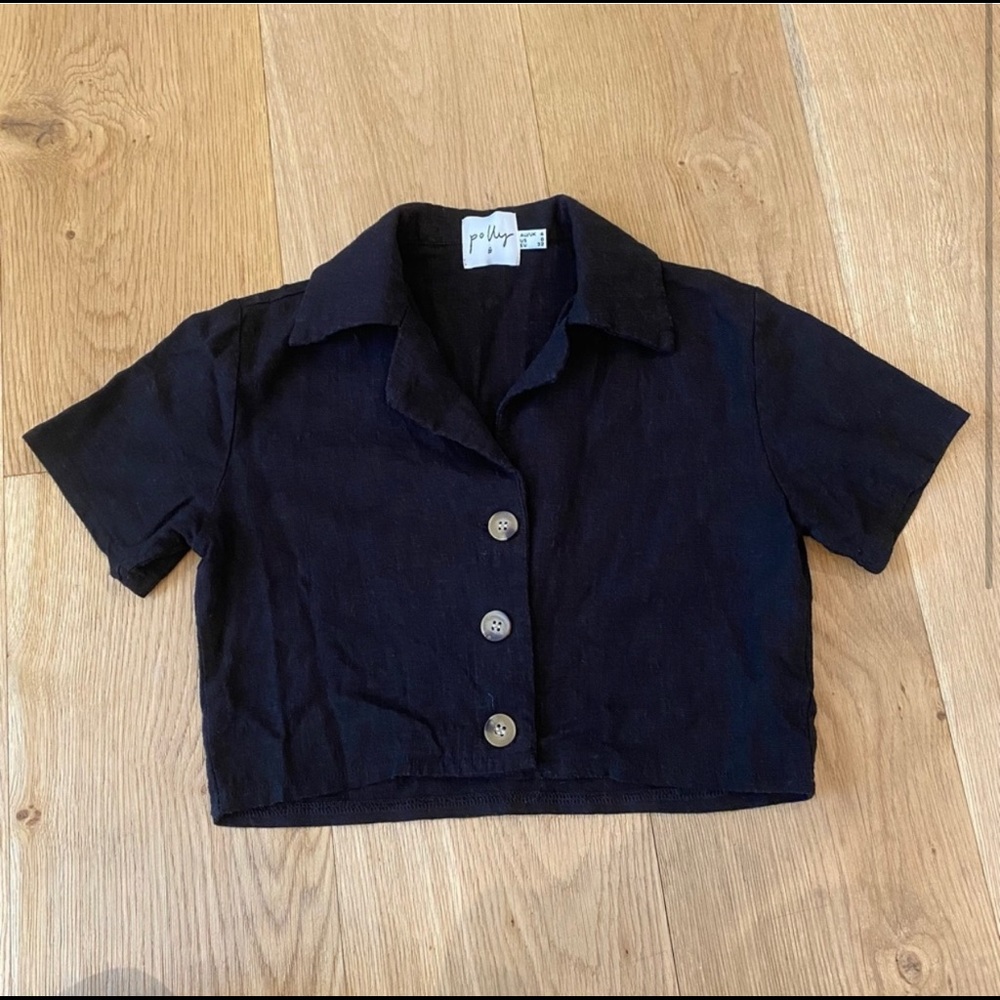 Princess Polly Cropped Button Down Short Sleeve Tee with Collar in Black Size 0
